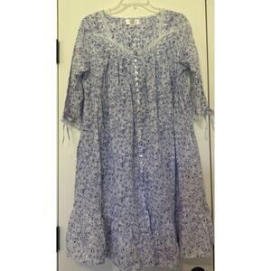 Eileen West Women’s Nightgown MED Blue Floral Long Sleeve Lace Trim Cottagecore